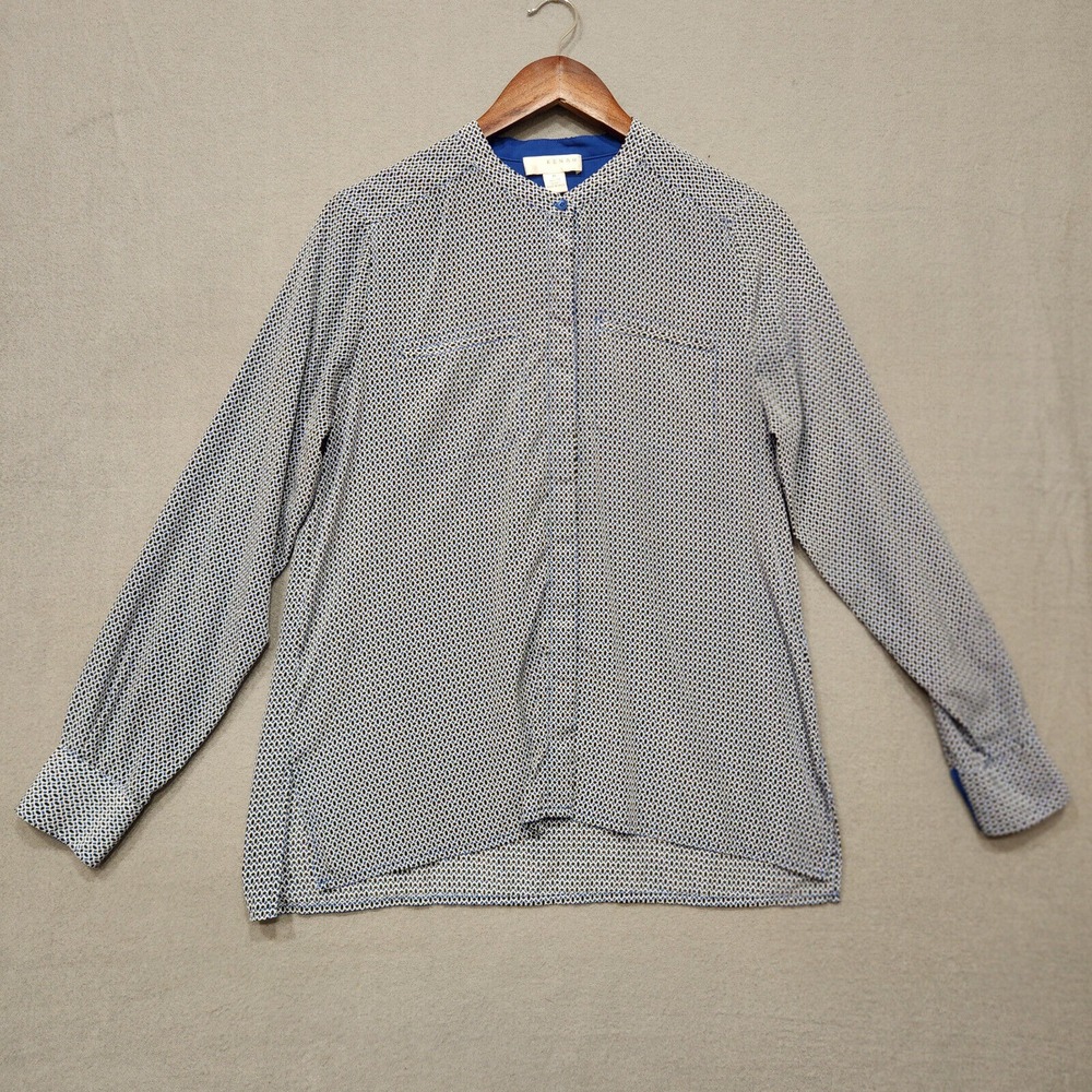 Kenar Womens Hidden Button Blue Geometric Long Sleeve Button Up Blouse Size M